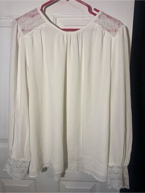Ann Taylor Women's Cream Lace-Trim Long Sleeve Blouse